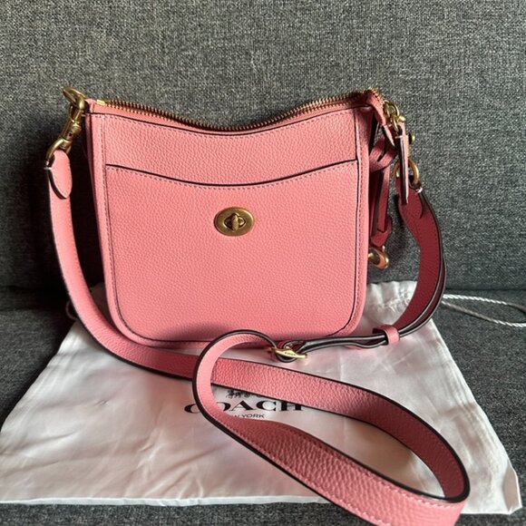 NWT! RARE! Coach Chaise 19 Pink Pebble Leather Crossbody Saddle Bag CC390 - Picture 10 of 10